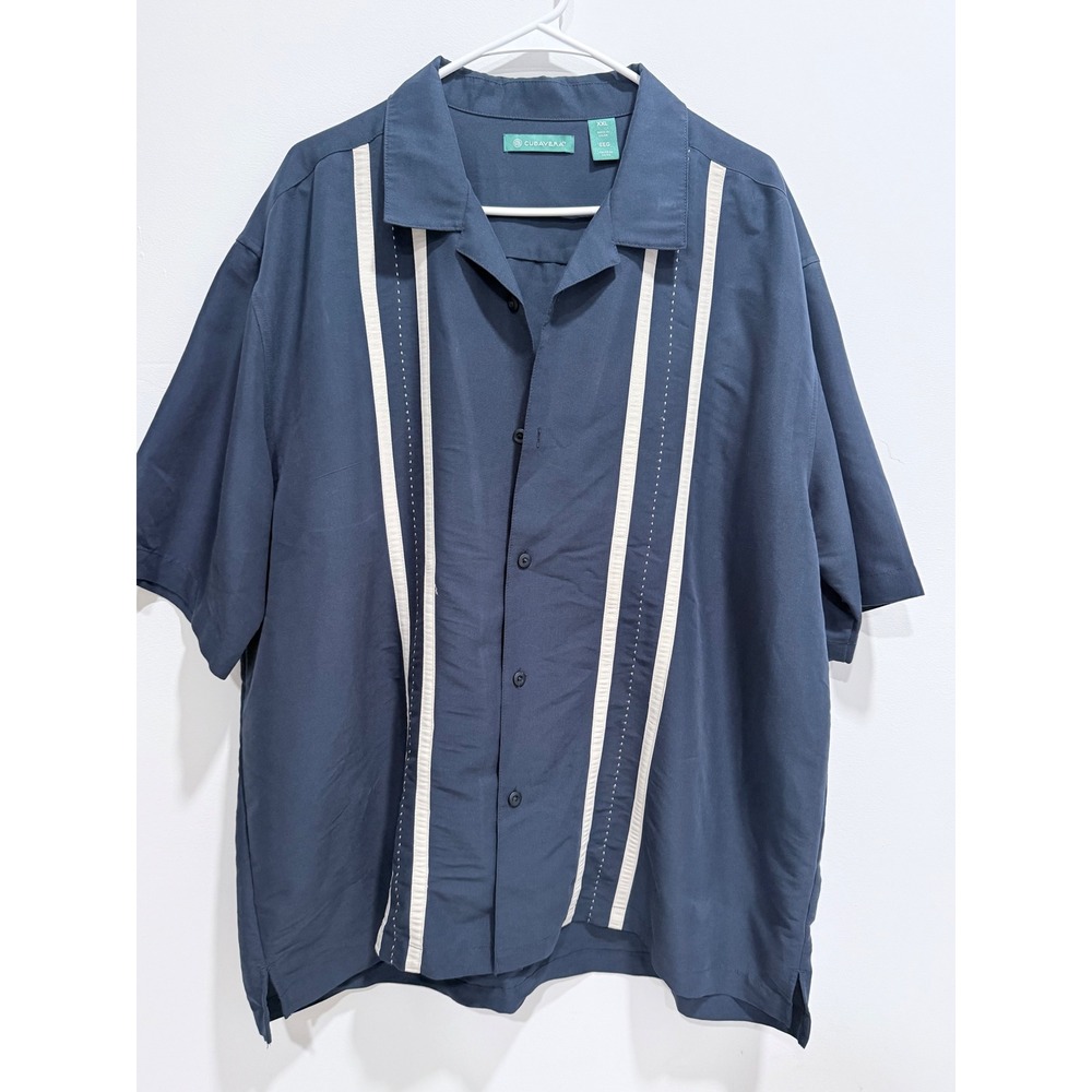 Cubavera Mens XXL Navy Blue Striped Short Sleeve Camp Collar Bowling Shirt